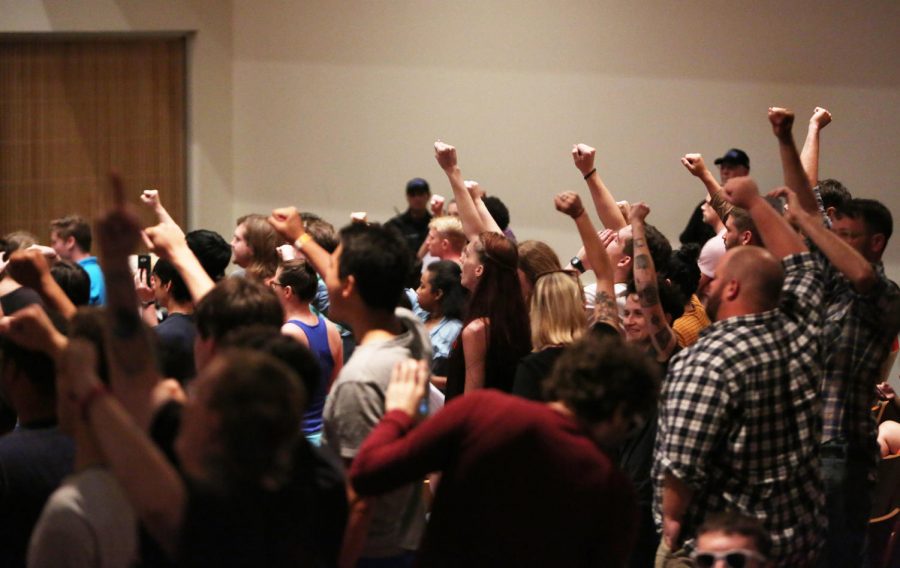 STAND UP. Students at the University of Florida protest against white nationalist Richard Spencer during his speech. His request to speak at public universities across the nation has generated a debate about the relationships between free speech and hate speech. The University of Cincinnati plans to have increased security before, after, and during the event.