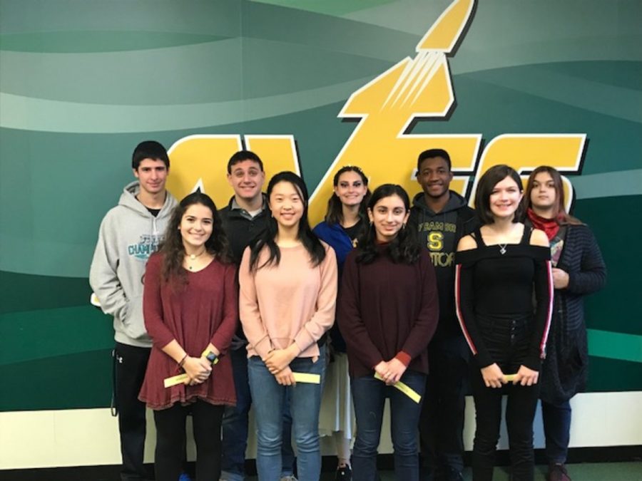 Front Row, L to R: Madeleine Weiss, 11; Carolyn Zhang, 11; Anisa Khatana, 10; Shannon Taylor, 9.
Back Row, L to R: Zachary Taub, 11;
Drew Lawrence, 11, Sara Cohen, 12; Adrian Oliver. 12; Rosemary Kross, 10.