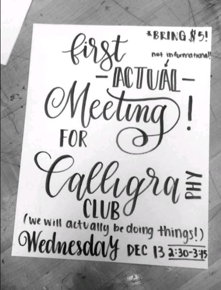 JOIN.  Sophomore Linya Guo designs and letters the club fliers herself then makes copies to hang up around school. Guo is president of the new Calligraphy Club at SHS. Dues for Calligraphy Club are $5 for the entire year; meetings are every Wednesday after school in room 148.