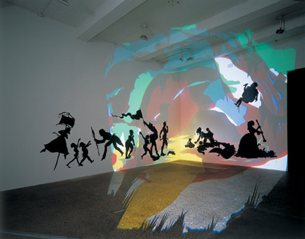 STATEMENT. In pieces such as “Darkytown Rebellion,” Walker mixes mediums to create an intensely visual experience for her viewer. Bright colors are projected onto a panoramic scene of violence in the Antebellum South. She currently lives in New York, where she is on the staff of the MFA program at Columbia University.