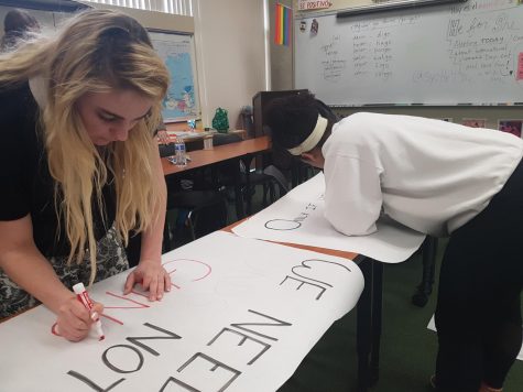 FIGHT. Juniors Allison Landrum and Karissa Grandin create posters for the school walkout. A group of seniors organized the school-wide walkout to protest the gun violence in the United States. It took place on March 14 and featured student and staff speakers.