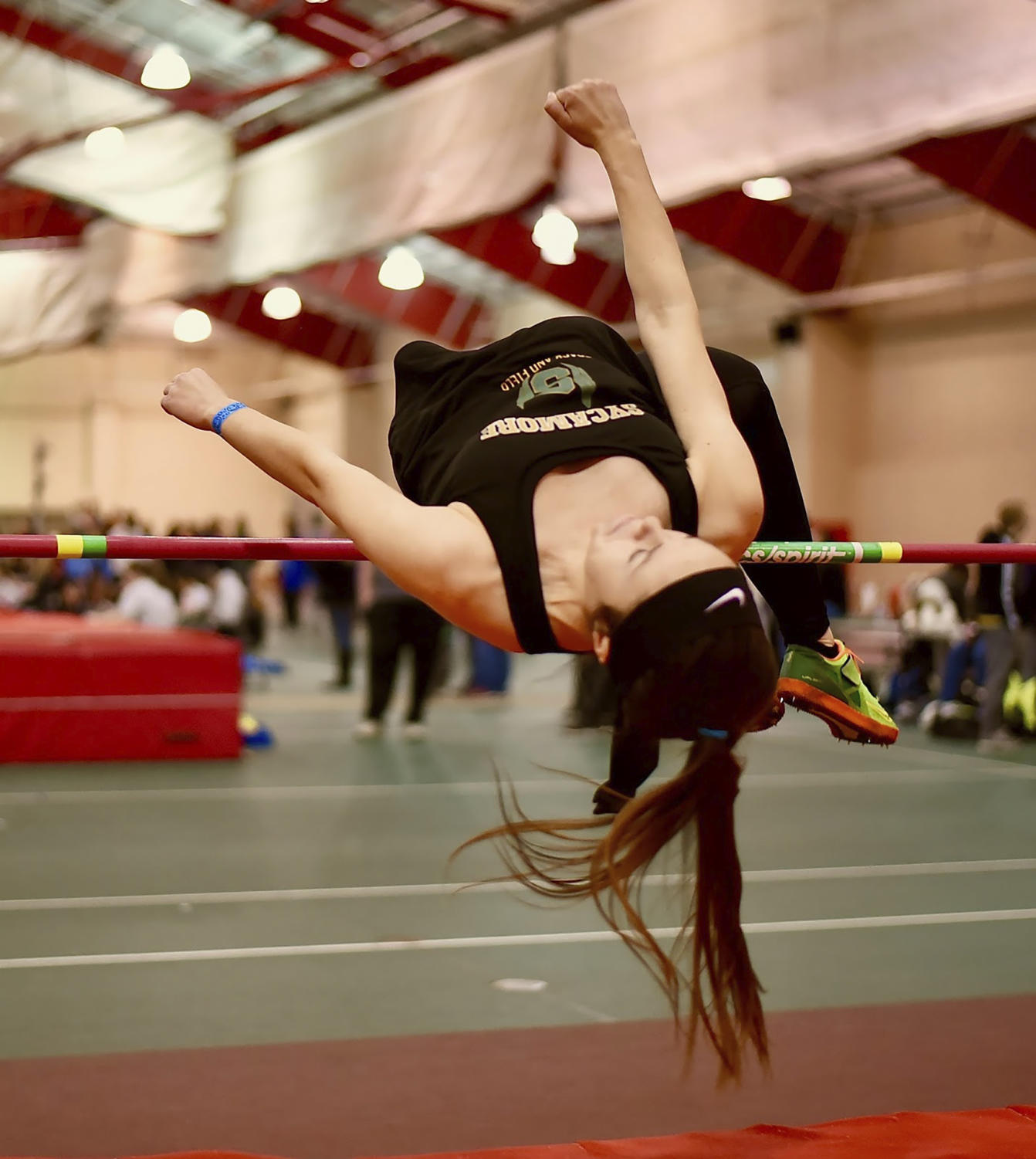 LEAP. Senior Meghan DiGiovanna takes on the high jump. DiGiovanna will be the only female winter track athlete from SHS at state competition.