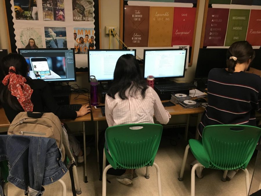 ALL IN A DAYS WORK. Seniors Yvanna Reyes and Emily Chien and sophomore Harsitha Kalaisaran prepare articles and photos for shsleaf.org. The journalism program, with a staff of 32, requires each member’s participation for daily coverage. Recently, this work led to national recognition from the NSPA and SNO. Students can check out the website’s app and social media on Twitter, Snapchat, and Instagram.