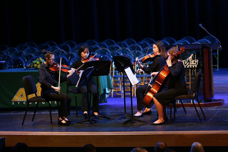 POMP AND CIRCUMSTANCE. A Sycamore String Quartet plays Pomp and Circumstance leading into senior recognition night. The group’s conductor is Dr. Angela Santangelo. The quartet includes Esther Ku, violin, Heather Song, violo, So Eun Cho, violin, and Alice Lundgren, cello. 