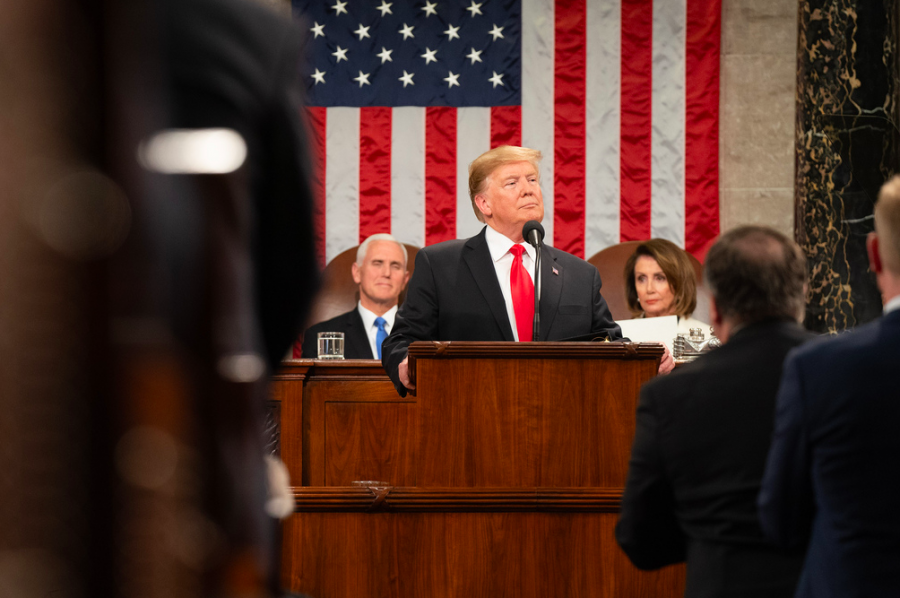 MADE IN THE U.S.A. President Donald Trump delivers the 2019 State of the Union address with Vice President Mike Pence and House Speaker Nancy Pelosi behind him. Throughout his speech, Trump often emphasized aspects of the current State of the Union that he claims are the best they have ever been. “There’s been nothing like this,” Trump said while discussing the economic boom that has coincided with the first two years of his presidency. 