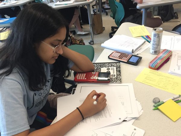 Sreenidhi Aarukpalli, 11, works through a kinetics problem right after Saturday's kinetics lesson. She was one of many students who stayed after to practice topics they had just learned.