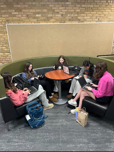 from left: Ines Botto, 9, Peyton Finck, 9, Lorelai Miller, 9, Margaret Reid, 9, and Ariana Hurst, 9, study together.